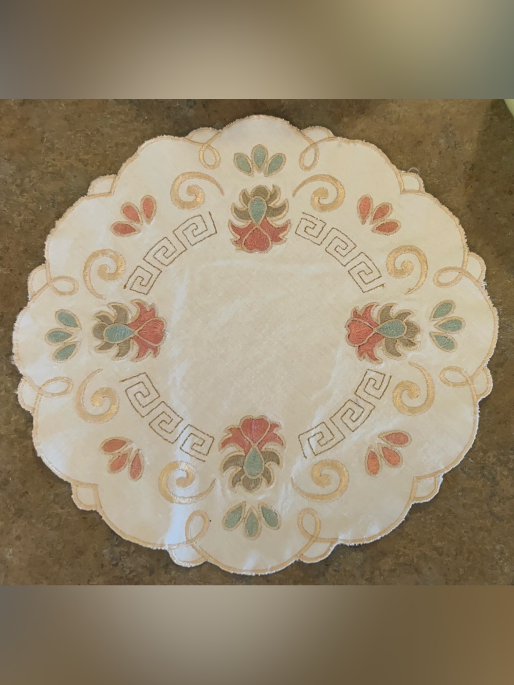 Vintage Ecru Doily 10.5inch Diameter Embroidered Cotton Set of 2